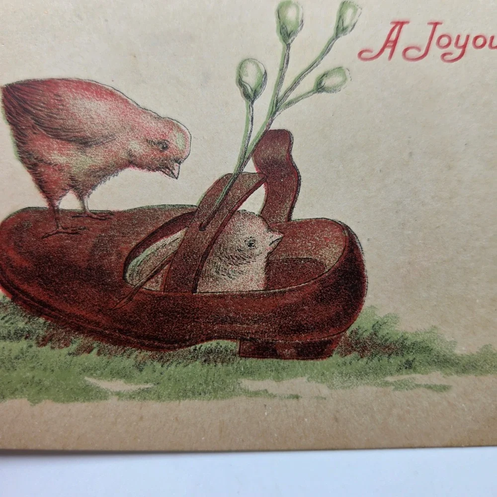 Antique Easter Postcard A Joyous Eastertide Chicks in Shoe 1 Cent Ben Franklin